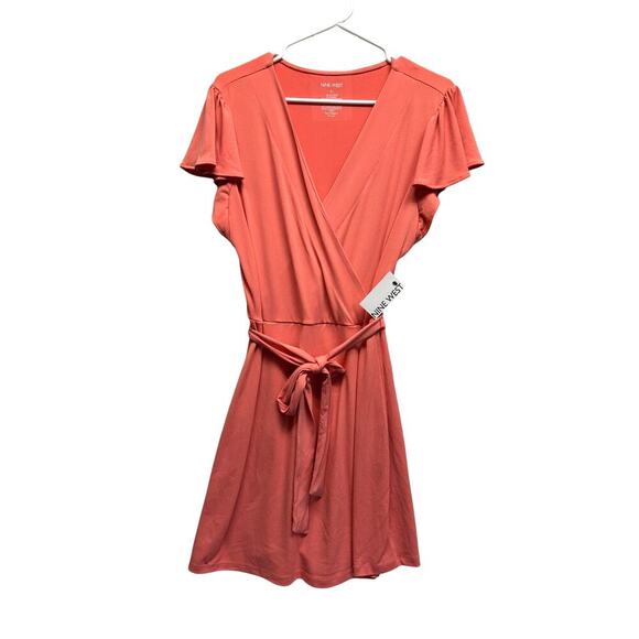 NWT Nine West Coral Faux Wrap Dress Flutter Sleeves Tie Waist Size L - Picture 1 of 10